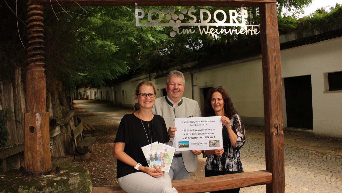 Vino Versum Poysdorf Tourismus - Tourismuszahlen - Rekord - v. l. n. r.: Vino Versum Geschäftsführerin Susanne Derler, Bürgermeister Thomas Grießl, Stadträtin Gudrun Sperner-Habitzl © Vino Versum Poysdorf Tourismus